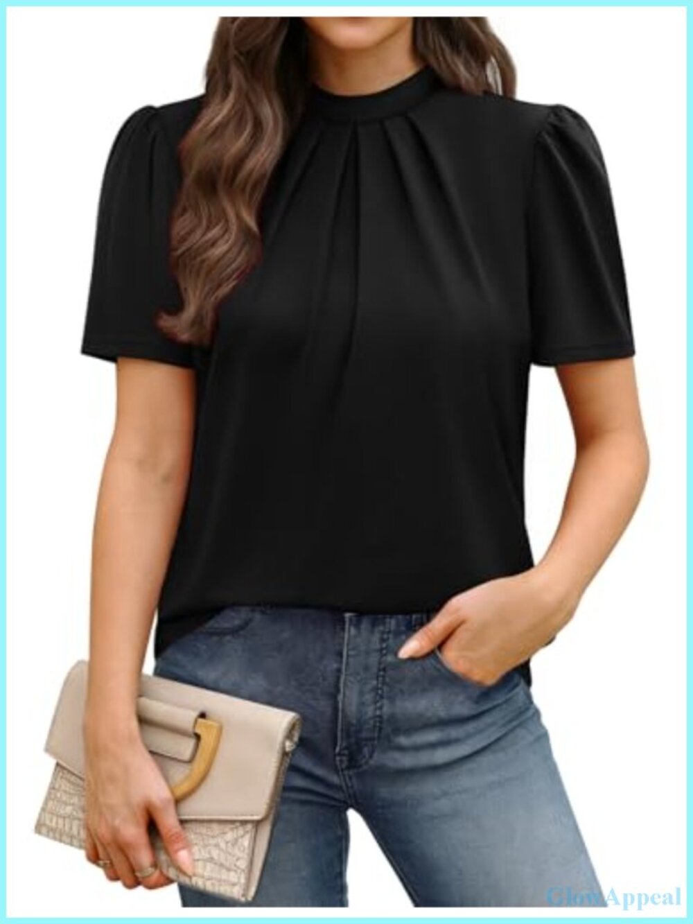 Womens Mock Neck Puff Sleeve Pleated Blouse Business Casual Work Top